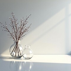 Icy Christmas decorations in a large empty room, minimalist christmas, glass vases