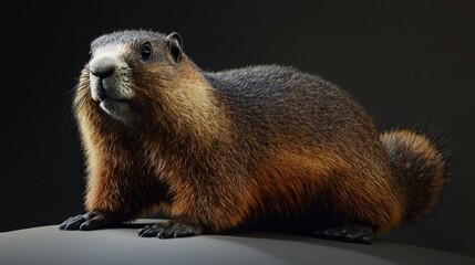 Close-Up of a Marmot on Dark Background Showcasing Detailed Fur Texture and Intriguing Facial Features