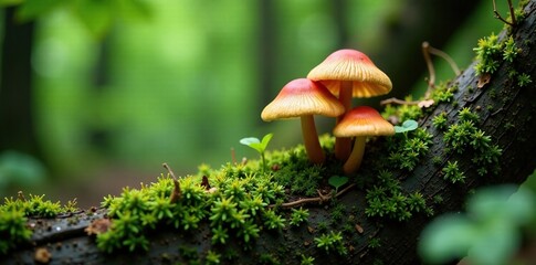 Fototapeta premium Mushrooms growing on ancient tree trunk with moss and vines, mossy surfaces, natural processes