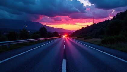 Fototapeta premium Nighttime view of asphalt highway with road markings, twilight, asphalt