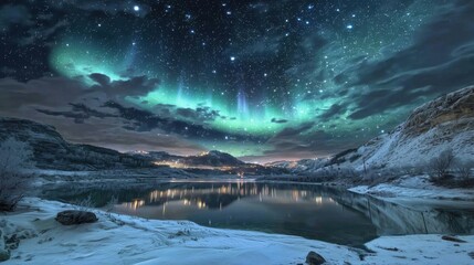Fototapeta premium Enchanting aurora lights create a mesmerizing winter landscape.