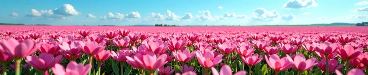 Obraz premium Pink blooms spread across the vast blue expanse, colorful flowers, flower field