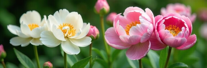 Fototapeta premium Pink and white peonies with green leaves and stems in a garden, garden, peonies