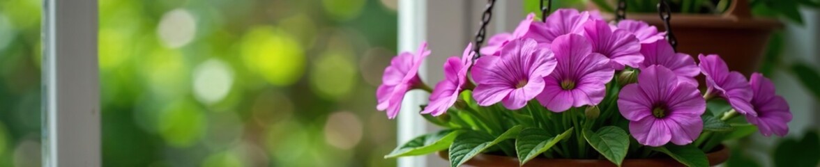 Fototapeta premium Purple Saintpaulia flowers in a hanging basket, indooroutdoor, saintpaulia