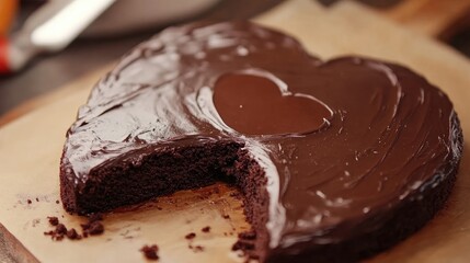 Heart-Shaped Chocolate Cake with Slice Taken Out on Wooden Board