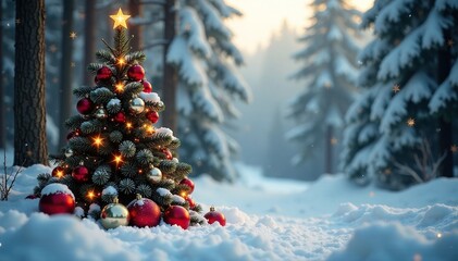 Obraz premium Snowy forest scene with decorated Christmas tree and vintage ornaments, decoration, ornaments