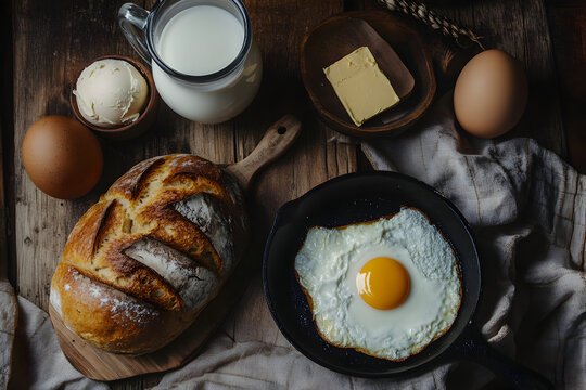 Freshly bread and eggs in a frying pan. - Powered by Adobe