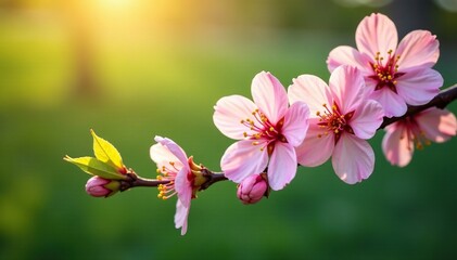 Obraz premium Soft pink blossoms unfolding on a slender branch in early spring, morning light, green foliage