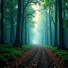 Fototapeta premium Softly falling blue mist on a quiet forest path, calm surroundings, natural beauty, quiet forest