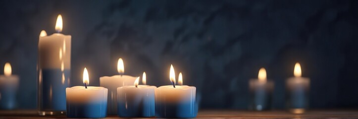 Softly flickering candlelight illuminates a serene blue background, peaceful atmosphere, soft light