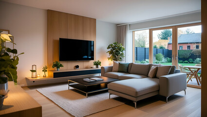 An elegant living room with a big TV screen mounted on a modern wooden wall panel