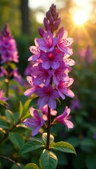Obraz premium Tall purple rhododendron branches in warm sunlight, garden, branch