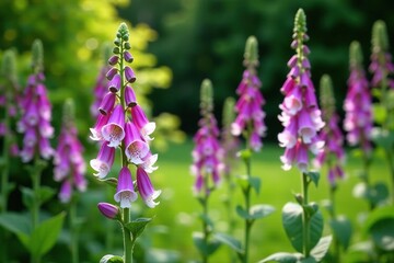Tall white stems with purple foxglove flowers and green leaves in a garden, nature, garden