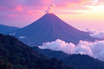 Fototapeta premium The volcano's slopes are shrouded in misty purple clouds, Foggy Foothills, Volcanoes, Distant Mountain