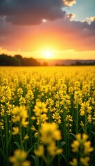 Fototapeta premium The golden light of sunset casting a warm glow over a field of rapeseed, yellow rape oil canola colza field, serenity, yellow