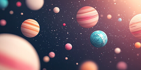 A vibrant cosmic scene featuring various colorful planets floating in space, surrounded by stars and a beautiful, ethereal glow.