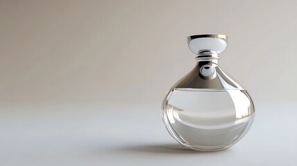 Simple glass perfume bottle with silver top on clean white background