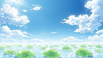 Serene Four Leaf Clover Field  Sunny Sky  Calm Water