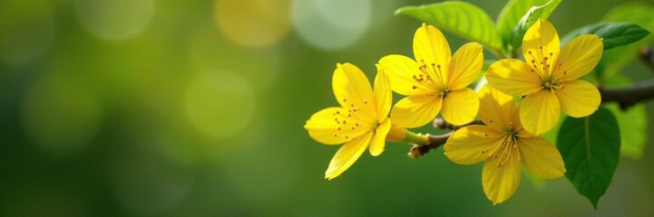 Vibrant yellow flowers blooming on a tree branch, garden, green leaves, yellow
