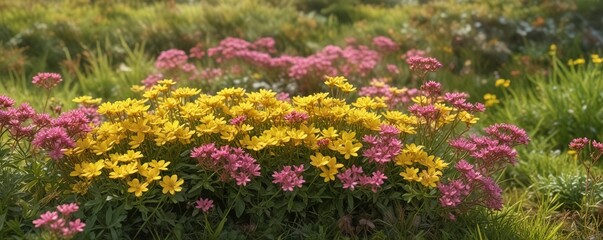 Yellow and pink flowers of Butterfly Stonecrop growing on a grassy meadow in late September, blossom, stonecrop, butterfly