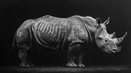 Obraz premium Majestic Close-Up of a Full-Body Rhinoceros in Monochrome Style with Detailed Textures and Striking Features