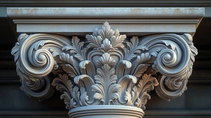 Ornate stone column capital intricate baroque scrollwork. Decorative floral patterns, relief carvings adorn structure. Classic style evokes ancient architecture. Detailed bas-relief elements