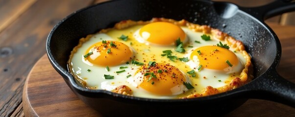Chicken eggs sizzling in a cast iron frying pan on a wooden background, breakfast, sizzle, savory