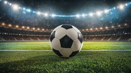 Fototapeta premium Soccer Ball in a Stadium with Lights. A classic black and white soccer ball on green grass in the center of a stadium, illuminated by spotlights