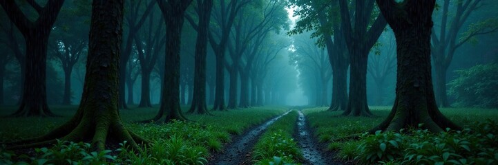 Fototapeta premium Dark and mysterious cypress trees in the rain, natural, spooky, cypress