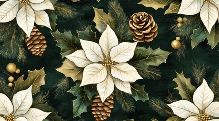 Elegant Christmas seamless pattern with white poinsettias, gold pine cones, and holly on a dark green background.