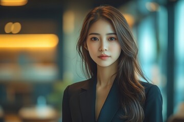 Naklejka premium A woman with long hair and a black jacket is standing in front of a window. Generative AI