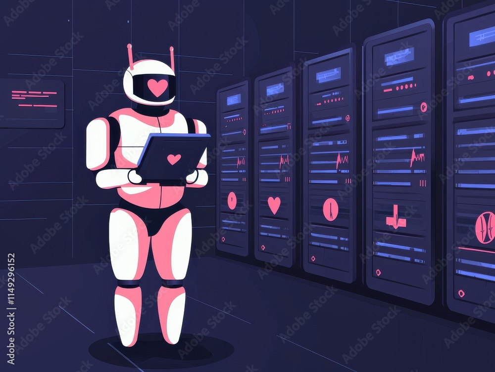 Poster robot analyzing data in server room technology digital art futuristic environment close-up ai concep