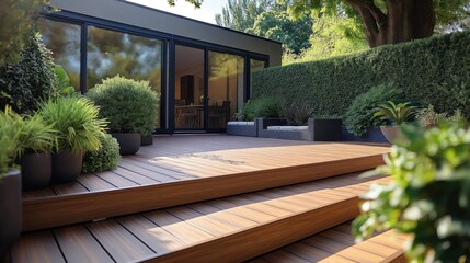 Modern terrace renovation project. WPC decking, substructure installation. Steps lead to spacious outdoor living area. Plants in pots add greenery. Glass sliding doors connect indoor, outdoor spaces.