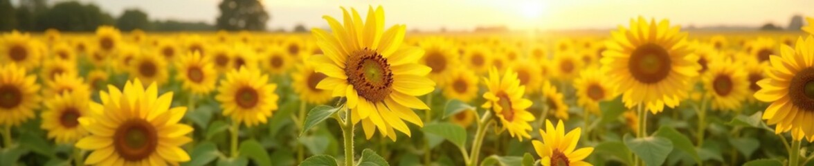 Field of sunflowers with yellow petals swaying in the breeze, nature, wheat, sunlight