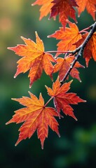 Fototapeta premium Frosty maple branches with vibrant autumn colors, branch, green, orange