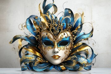A striking combination of gold and turquoise makes this carnival mask stand out.