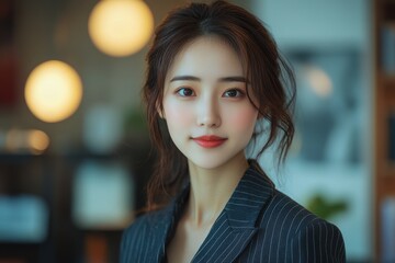 Fototapeta premium A woman with long brown hair and a black suit is smiling. Generative AI