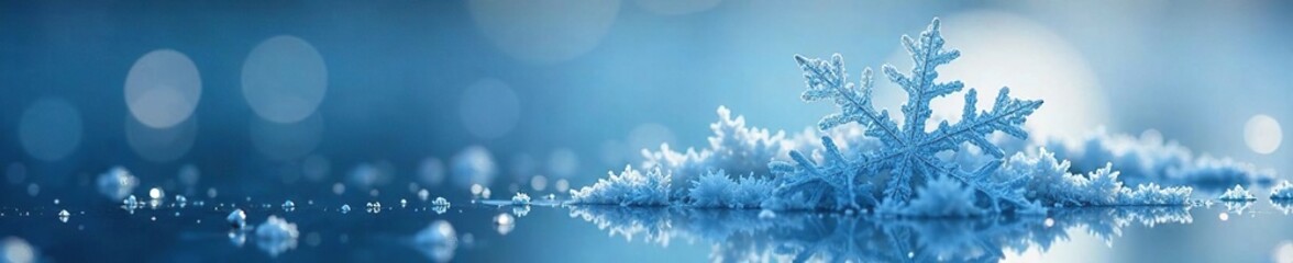 Intricate blue snowflake floating above the surface of a frost-covered lake, winter, delicate