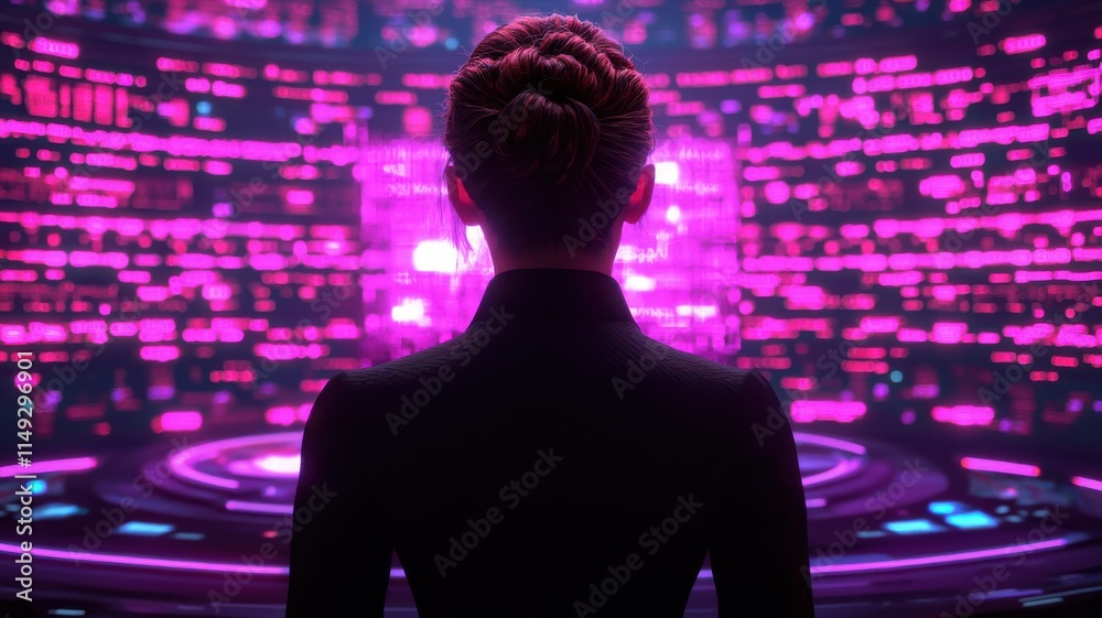 Poster digital transformation event virtual space futuristic interface neon environment user perspective te