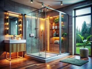Fototapeta premium Modern Bathroom Shower Cabin with Glass Door and Built-in Cabinet