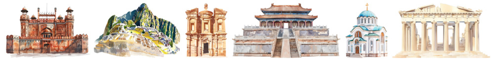 Obraz premium Watercolor famous landmark png cut out element set, transparent background