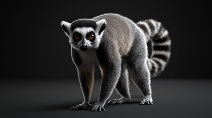Realistic full-body image of a lemur showcasing its unique features in a dramatic lighting setup against a dark background