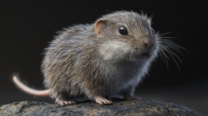 Obraz premium Adorable Small Animal with Fur and Whiskers on Rock Against Dark Background Captured in High-Detail Macro Photography