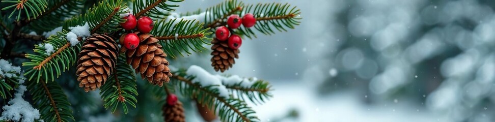Pinecones and red berries on a snowy evergreen tree, nature, holiday, pinecone
