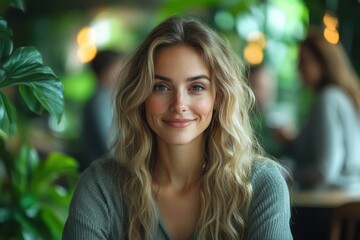 Obraz premium A woman with blonde hair and blue eyes is smiling at the camera. Generative AI