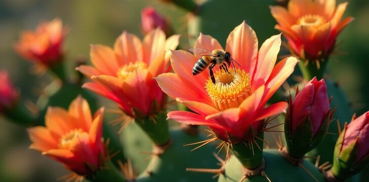 Prickly pear cactus with bees collecting nectar from its flowers, flowers, plants, opuntia ficus indica
