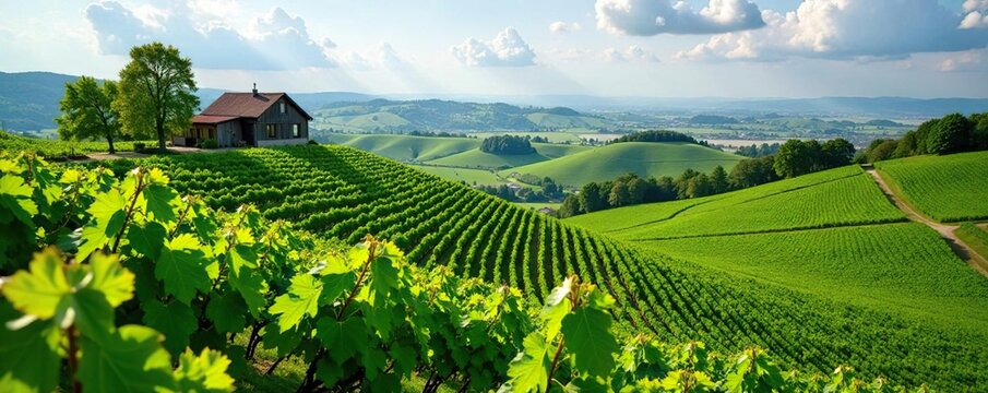Rolling hills of vines in the Langhe region of Piedmont with a wooden winery in the background, vineyard, Langhe, vin