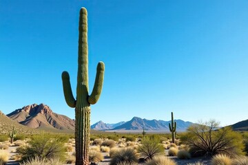 Single tall Saguaros against the clear blue sky, saguaro, solitary plants, Sonoran Desert