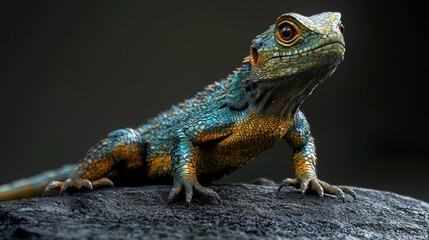 Obraz premium Vibrant Blue and Orange Lizard Posing on Rock with Captivating Detail and Clarity