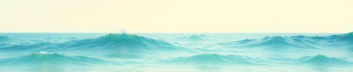 A tranquil scene featuring soft blue and green waves on a light cream-colored background, horizon, ocean